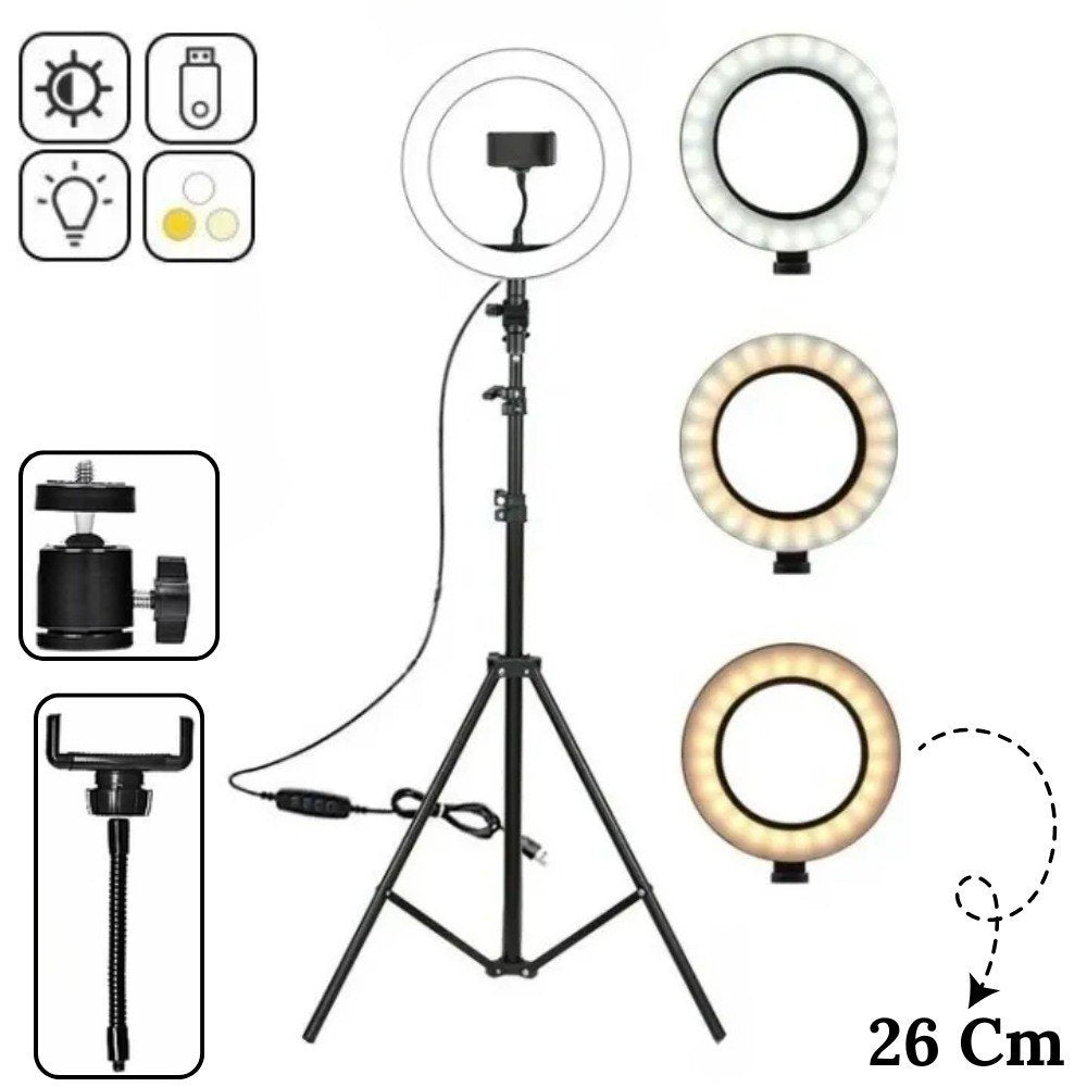 ARO DE LUZ 26 CM LED + TRIPODE 2.1 MTRS